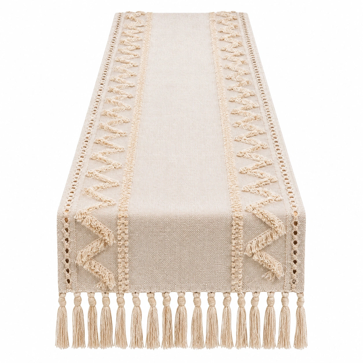 Camino de Mesa Beige con Flecos y Diseño Geométrico