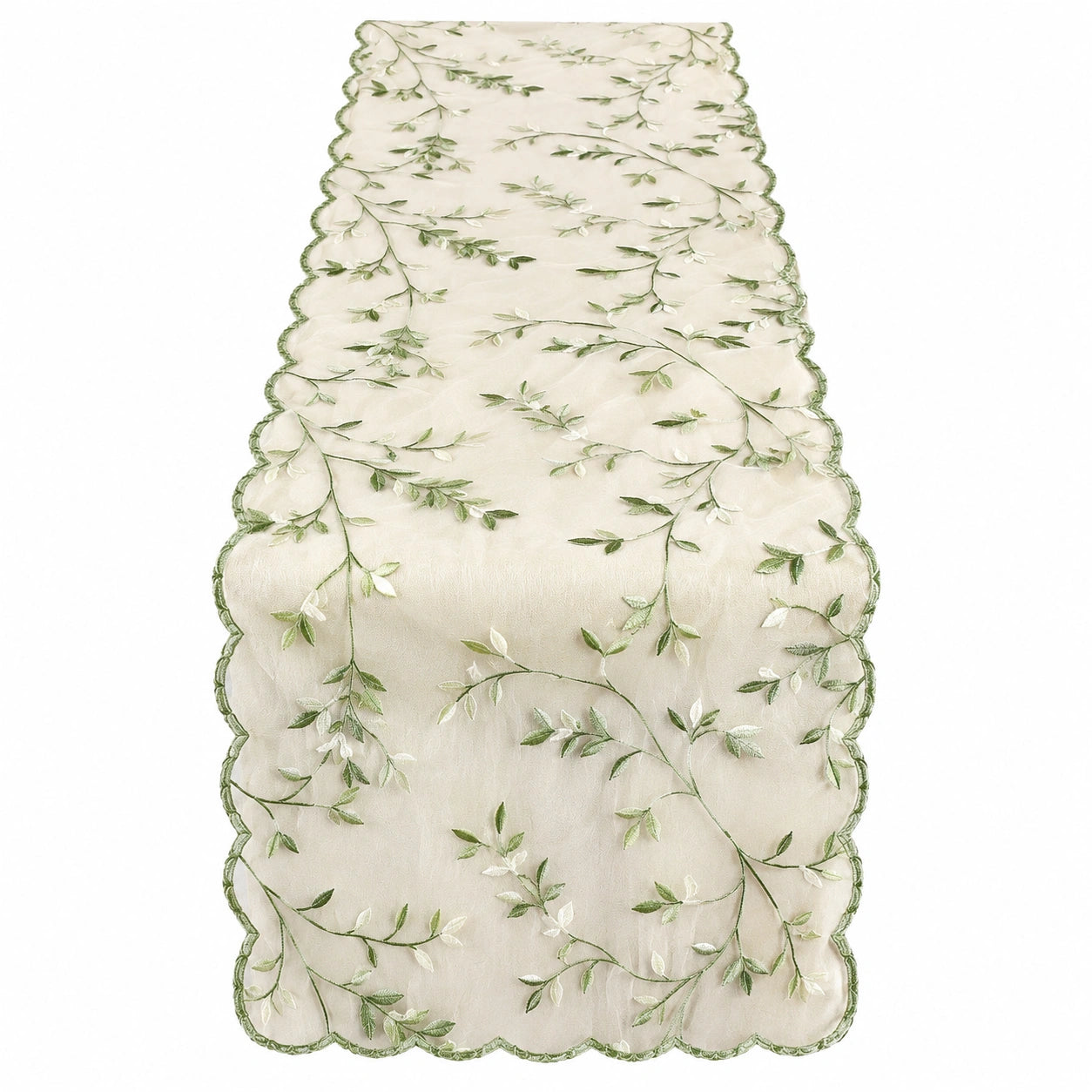 Camino de Mesa Bordado de Hojas Verde y Beige