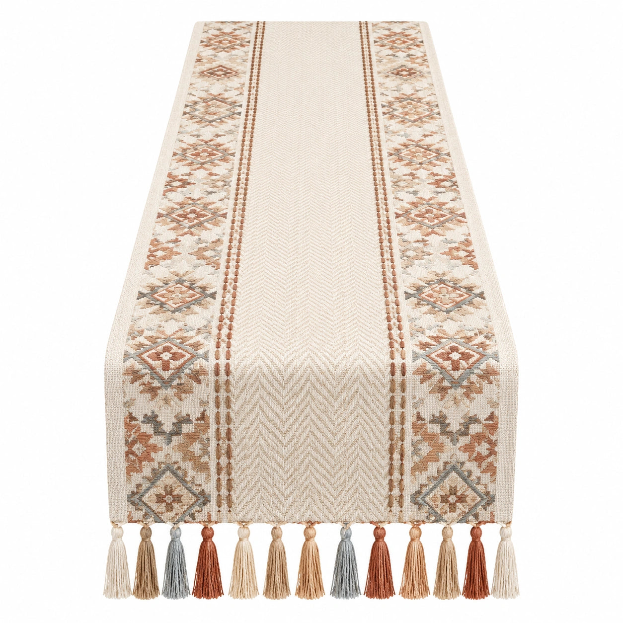 Camino de mesa bohemio beige y marrón con diseño geométrico y flecos