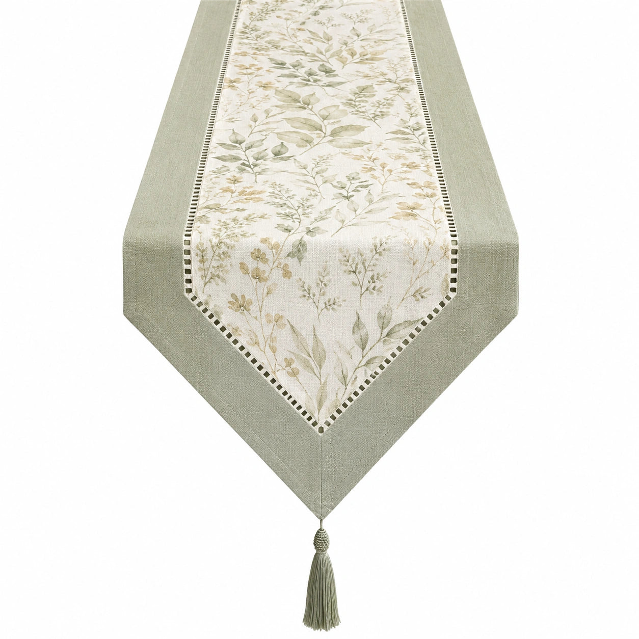 Camino de Mesa Floral con Flecos Verde Claro y Blanco 180x35 cm
