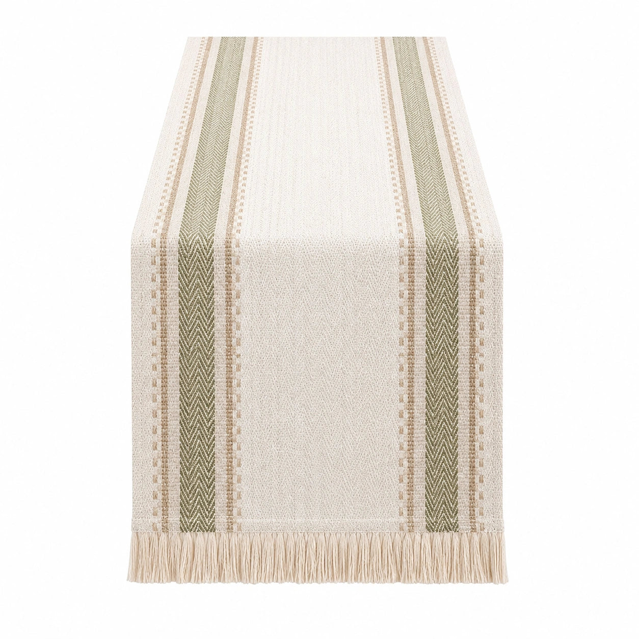 Caminero de Mesa con Flecos Beige y Verde 180x30 cm