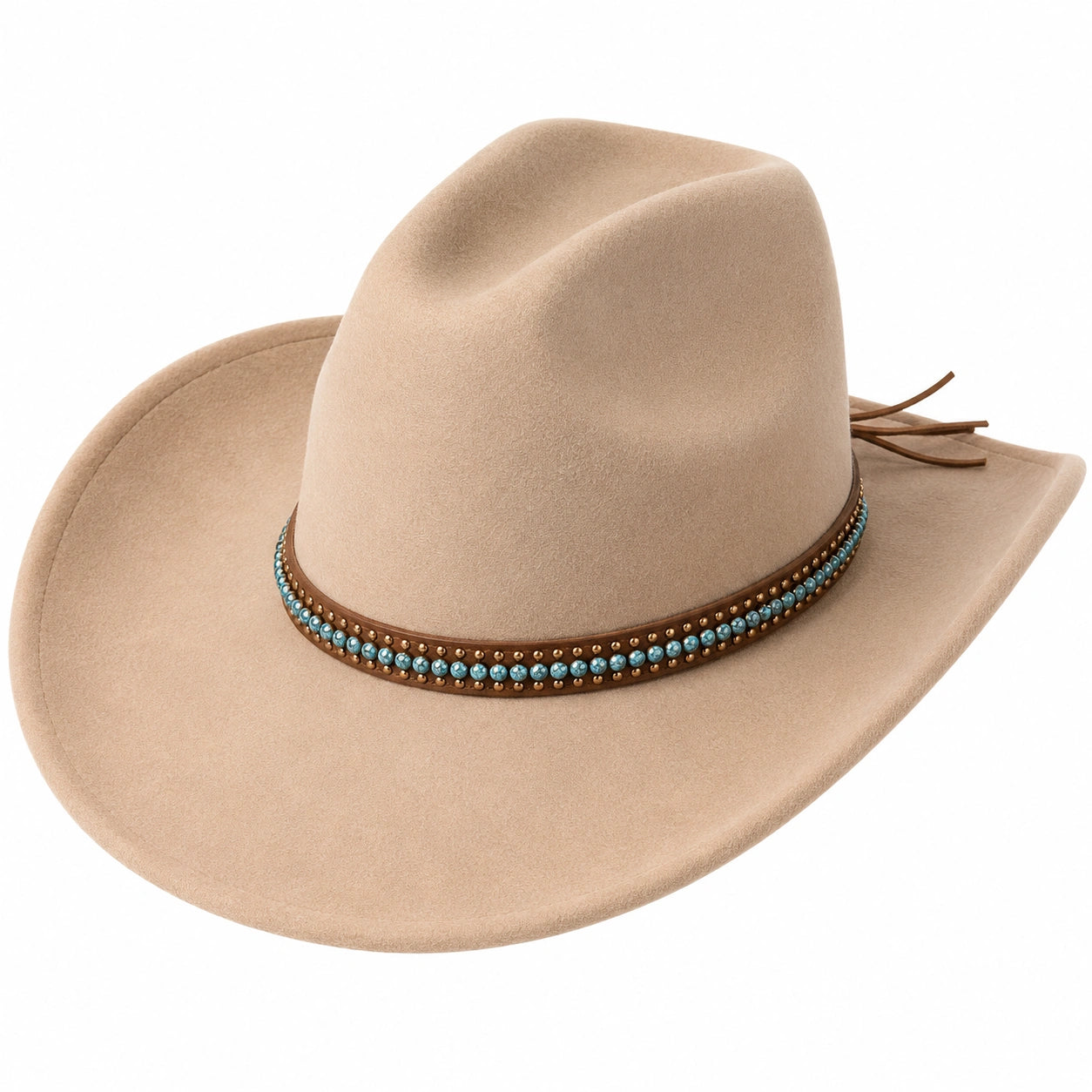 Sombrero Vaquero Beige con Cinta de Cuentas Turquesas