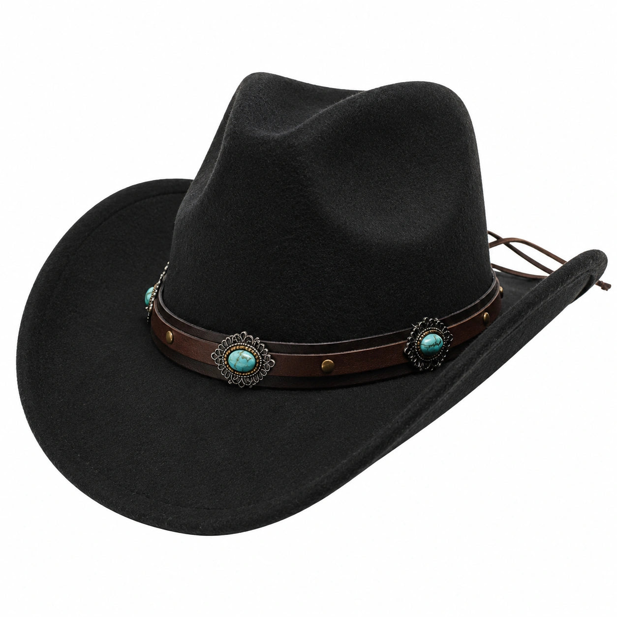 Sombrero Vaquero Negro con Cinta Decorativa y Detalles Turquesa