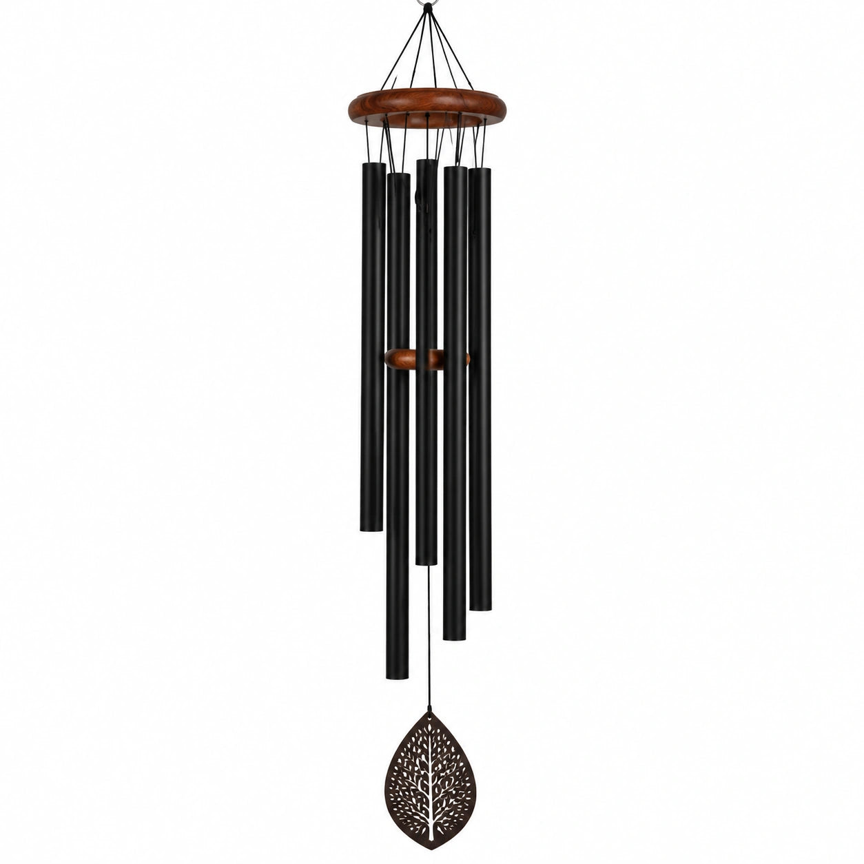 Campanilla de Viento Negra con Detalles de Madera Natural