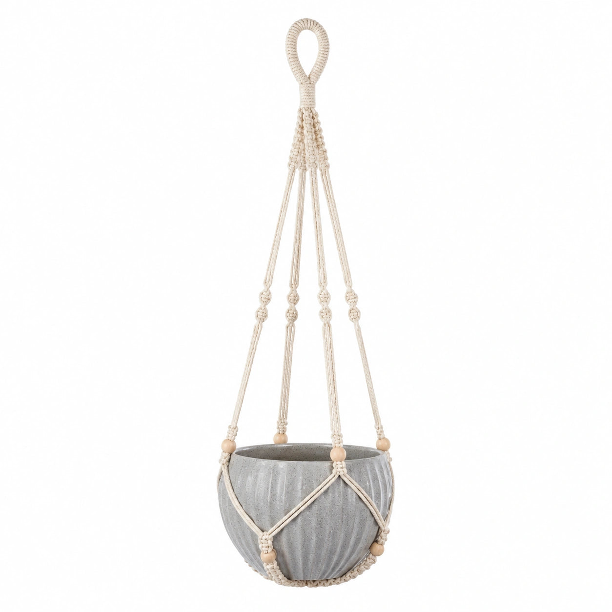Macetero Colgante de Macramé Beige con Maceta Gris