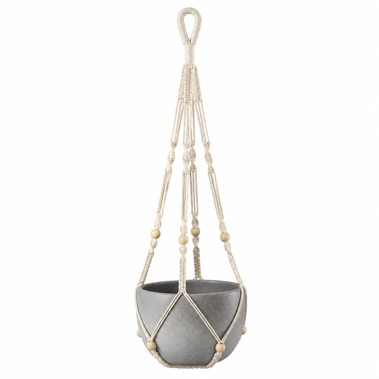 Macetero Colgante Beige y Gris con Cuerda de Macramé